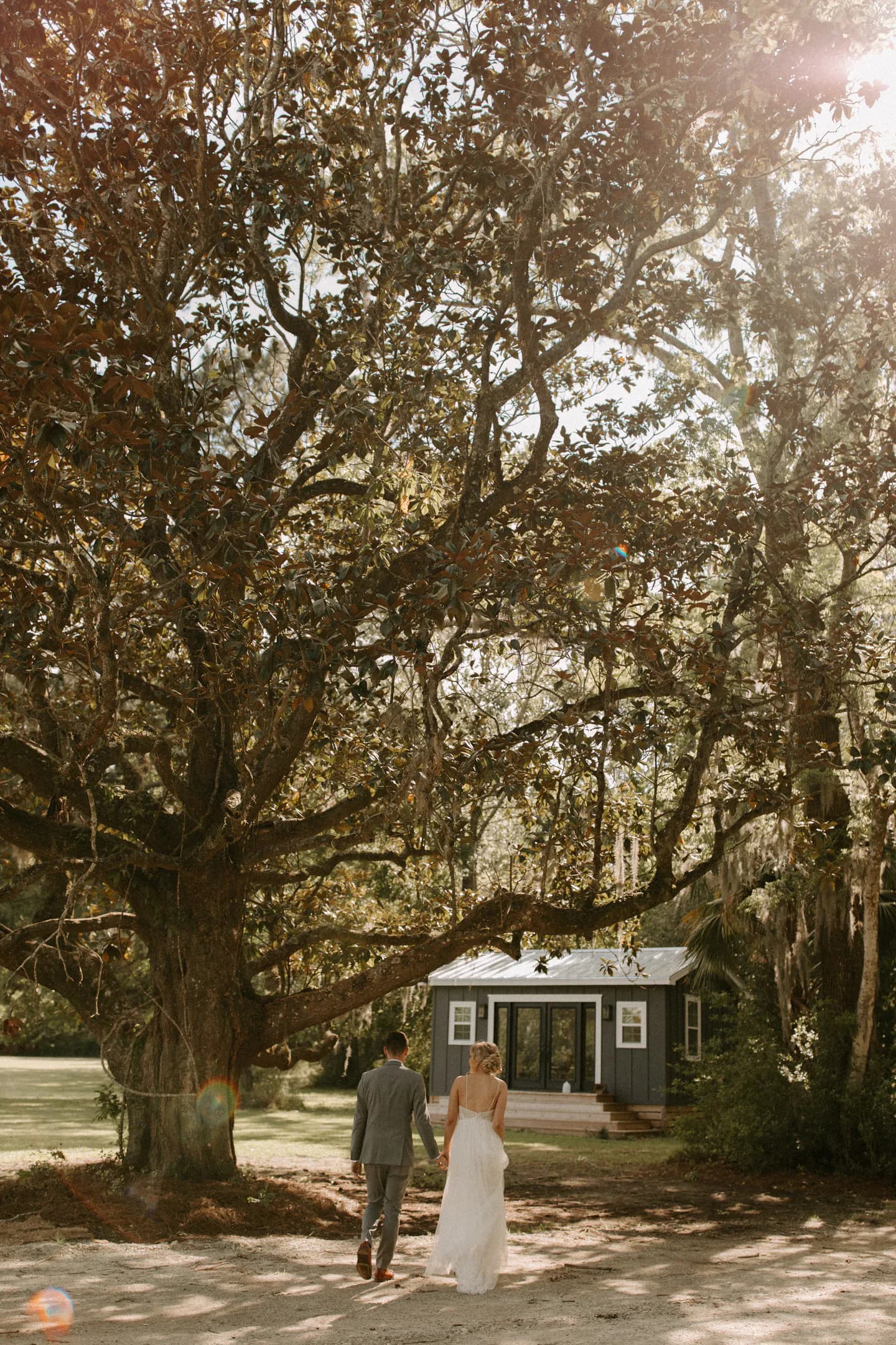 Emma and Joel walking beneath a towering magnolia tree on their wedding day